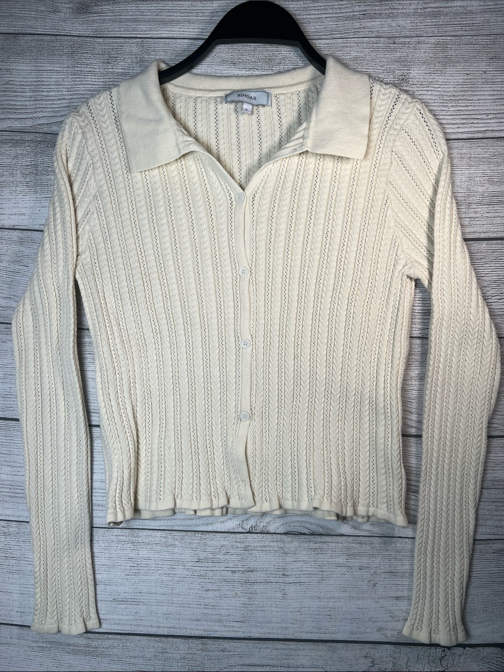 RIHOAS Women’s S Cream Cable Knit Collared Cardigan Button Front Preppy Coastal
